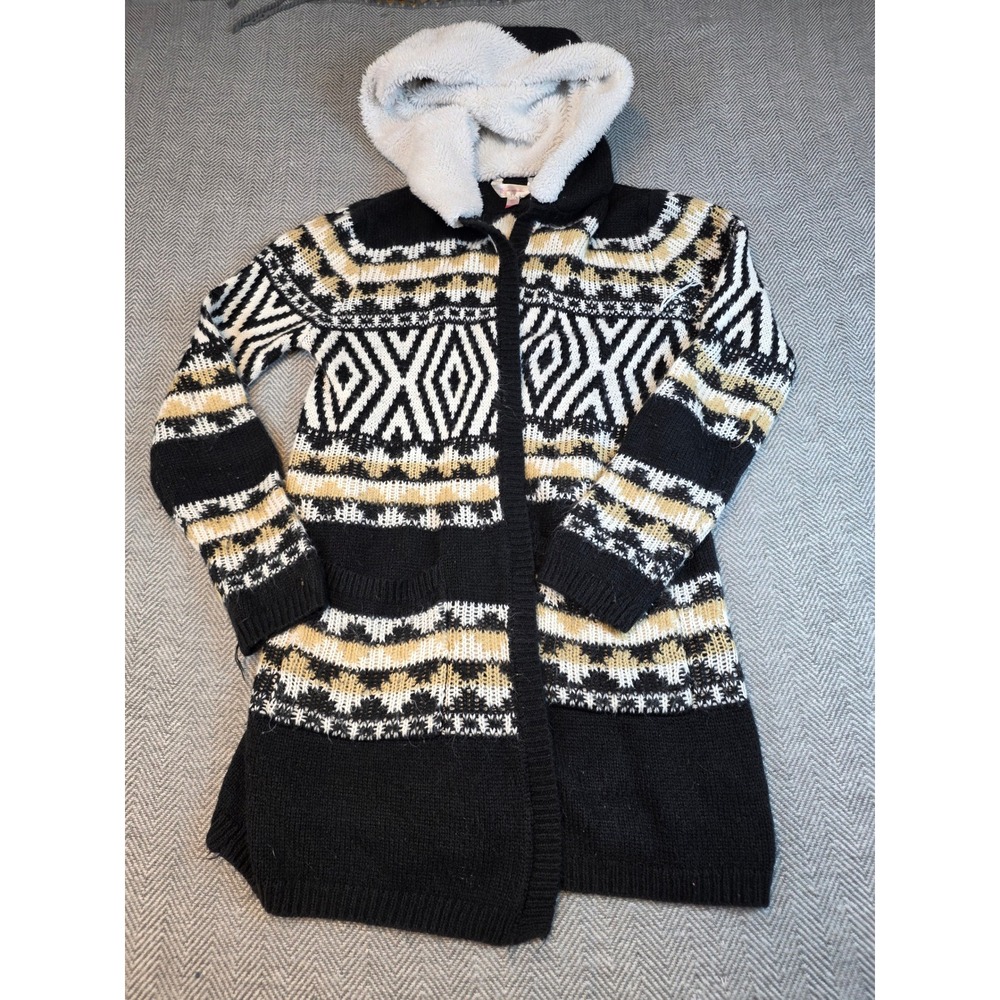 No Boundaries Black Geometric Fair Isle Sherpa Hooded Long Cardigan Small 3-5